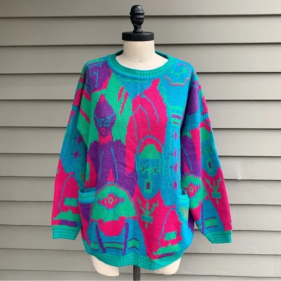 Vintage 80s People Faces Multicolor Kitschy Novelty AOP Sweater - Picture 4 of 16